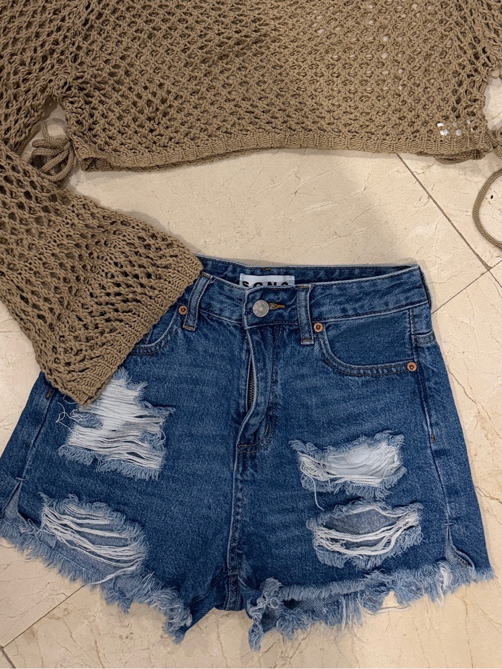 Blue boho frayed cut off jean shorts, side slit, song. Size 1/25